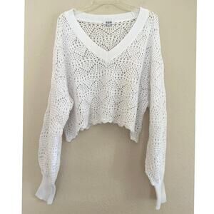 525 America White Crochet Sweater Womens Size L Cropped Cotton Open Knit Layer